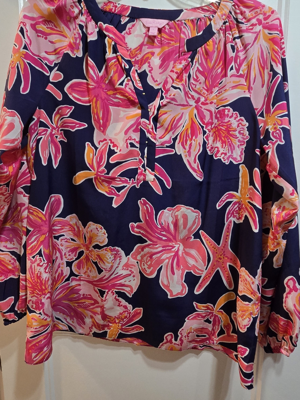 Lilly Pulitzer Navy Pink Floral Silk Blouse Size L